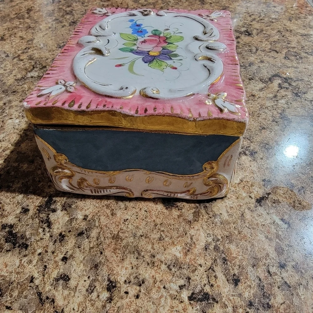 Italy Floral Porcelain Trinket Vintage Jewelry Box